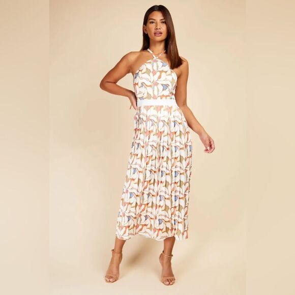 Little Mistress White Multi Print Halter Neck Pleated Midaxi Dress Womens Size 6 - Picture 1 of 6